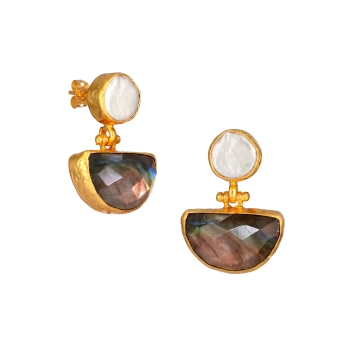 Earring made from brass, goldplated, Labradorite, baroque pearl (studs)